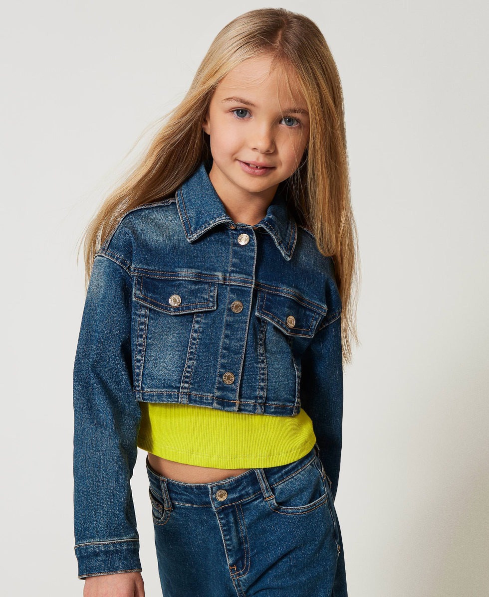 Blouson cropped en jean Denim Bleu Fonc&eacute; Fille 251GJ2600_12231_04