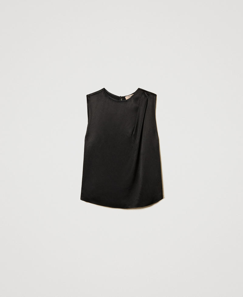 Shiny satin top with pleats Black Woman 251TP2652_00006_0S