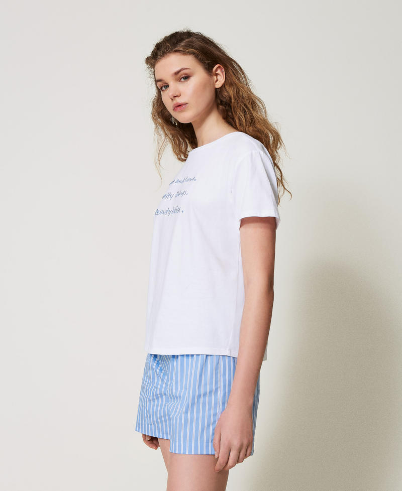 Pyjamas with embroidery and stripes Two-tone Blue Topaz/Antique White Woman 251LL2NAA_12234_02