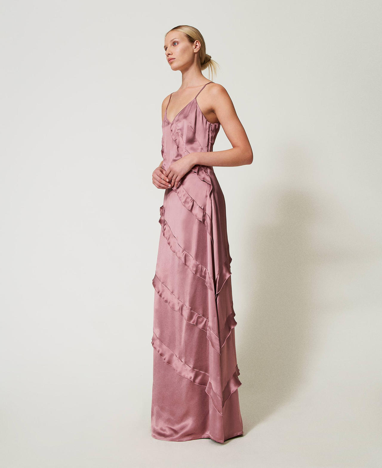 Maxikleid aus Satin mit Volants „Ruby Chocolate“-Rosa Frau 242TT2431_11945_03