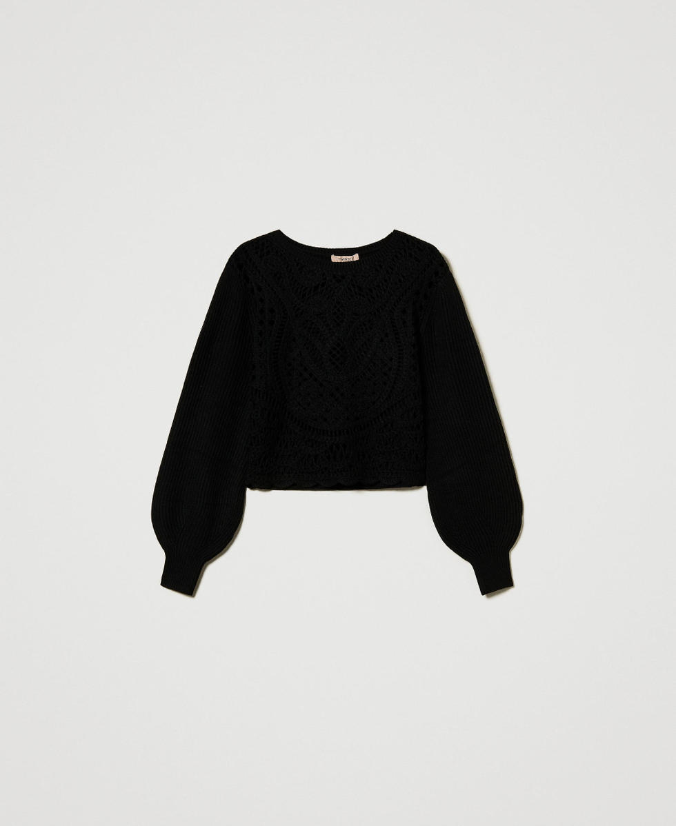 Pullover aus Wollmischung mit H&auml;kelarbeit Schwarz Frau 242TP3471_00006_S0