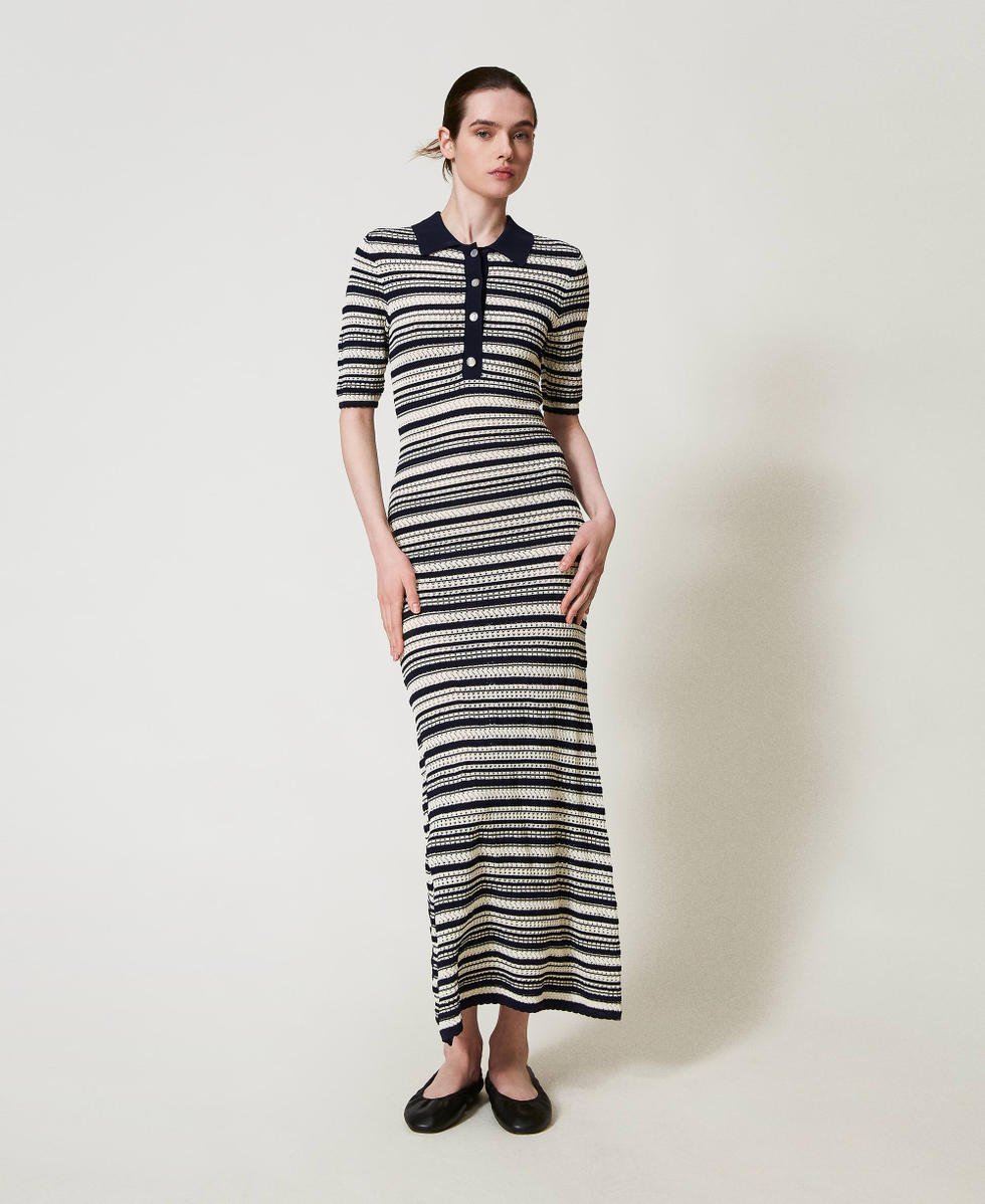 Long two-tone knit dress Two-tone Snow/Blue Night Woman 251TP3190_12261_02