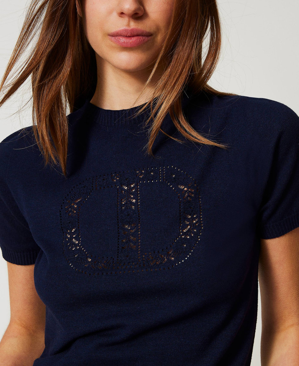Turtleneck jumper with Oval T logo Blue Night Woman 251TP3430_00238_04