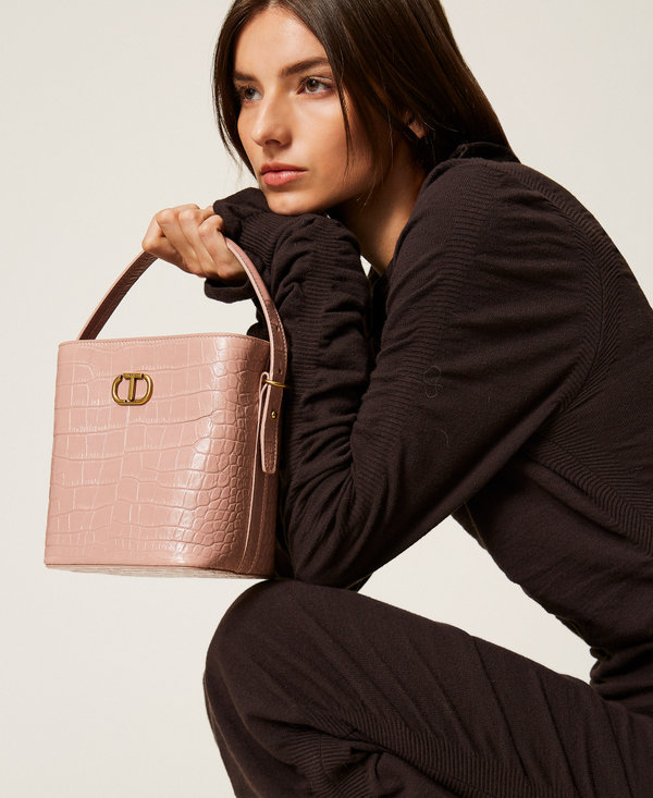 Crocodile print leather bucket bag