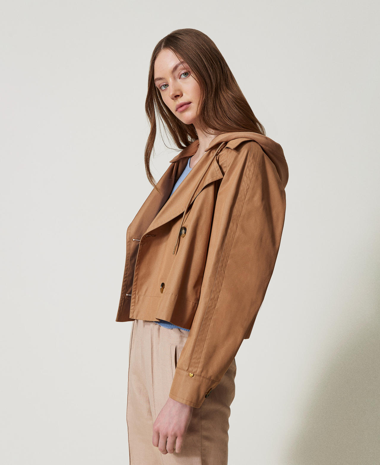 Double-breasted twill caban jacket Brown Box Woman 251LL2EAA_12112_02