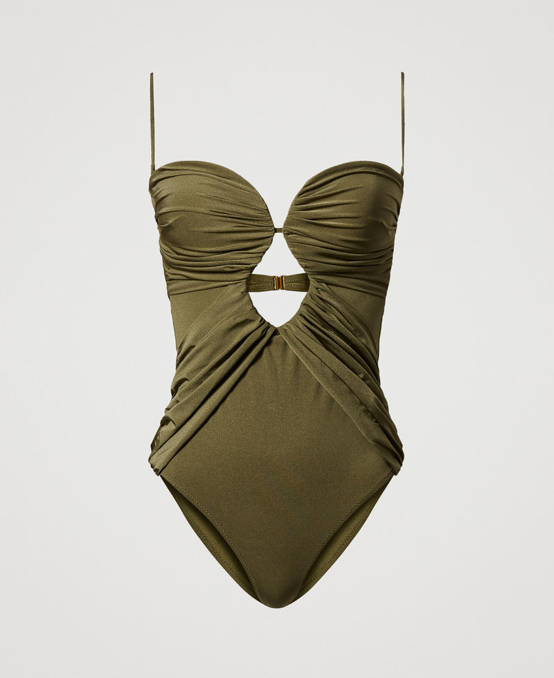One-piece ruched swimsuit with cut-out Olive Leaf Woman 251LBMCZZ_12135_S0