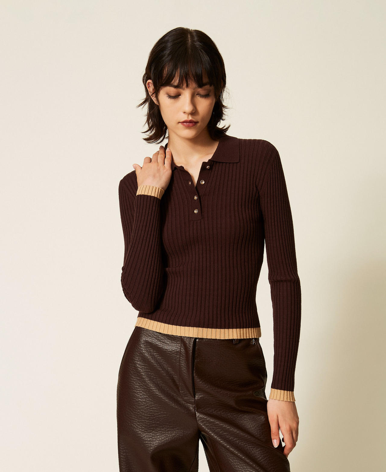 Pull polo c&ocirc;tel&eacute; Bicolore Marron Chocolate Plum/Marron "Iced Coffee" Femme 262AP3212_13760_01