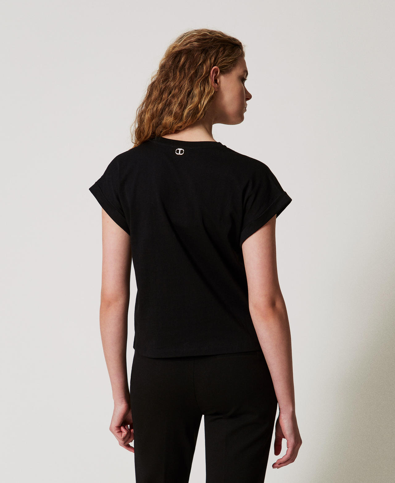 Kimono-T-Shirt mit Spitze Schwarz Frau 251TP2292_00006_03