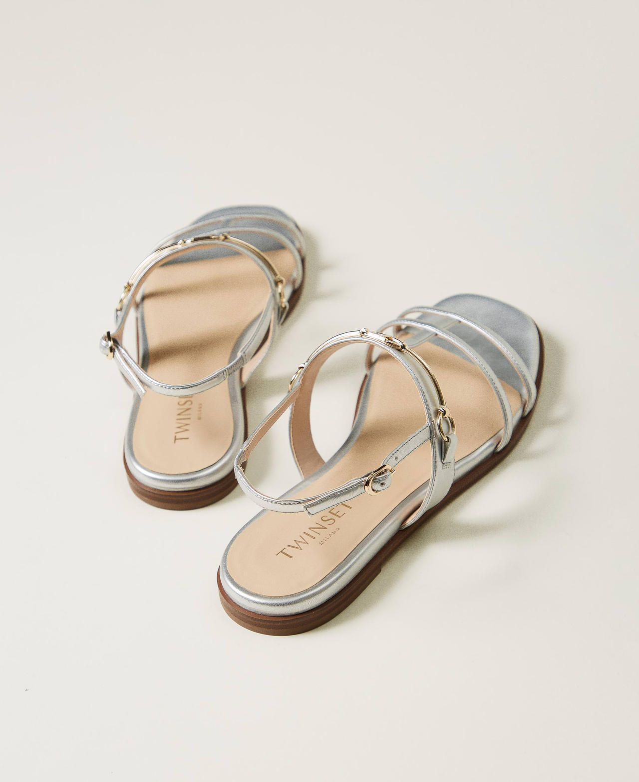 Laminated sandals with Oval T clasp Silver Woman 251TCP086_00995_03