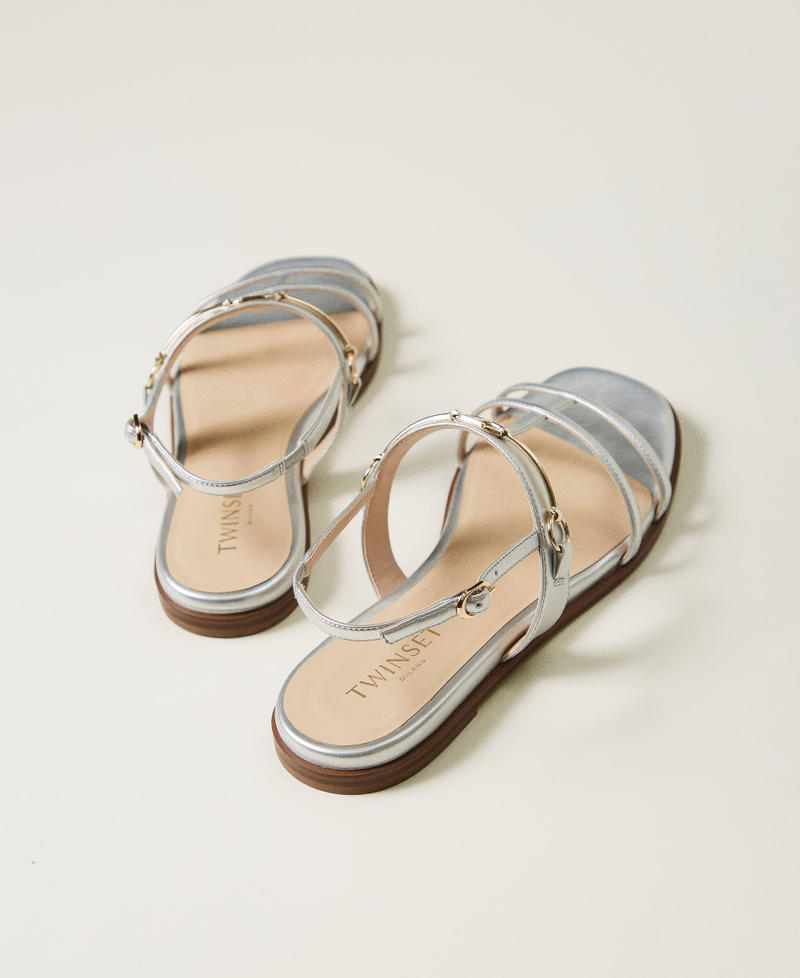 Laminated sandals with Oval T clasp Silver Woman 251TCP086_00995_03