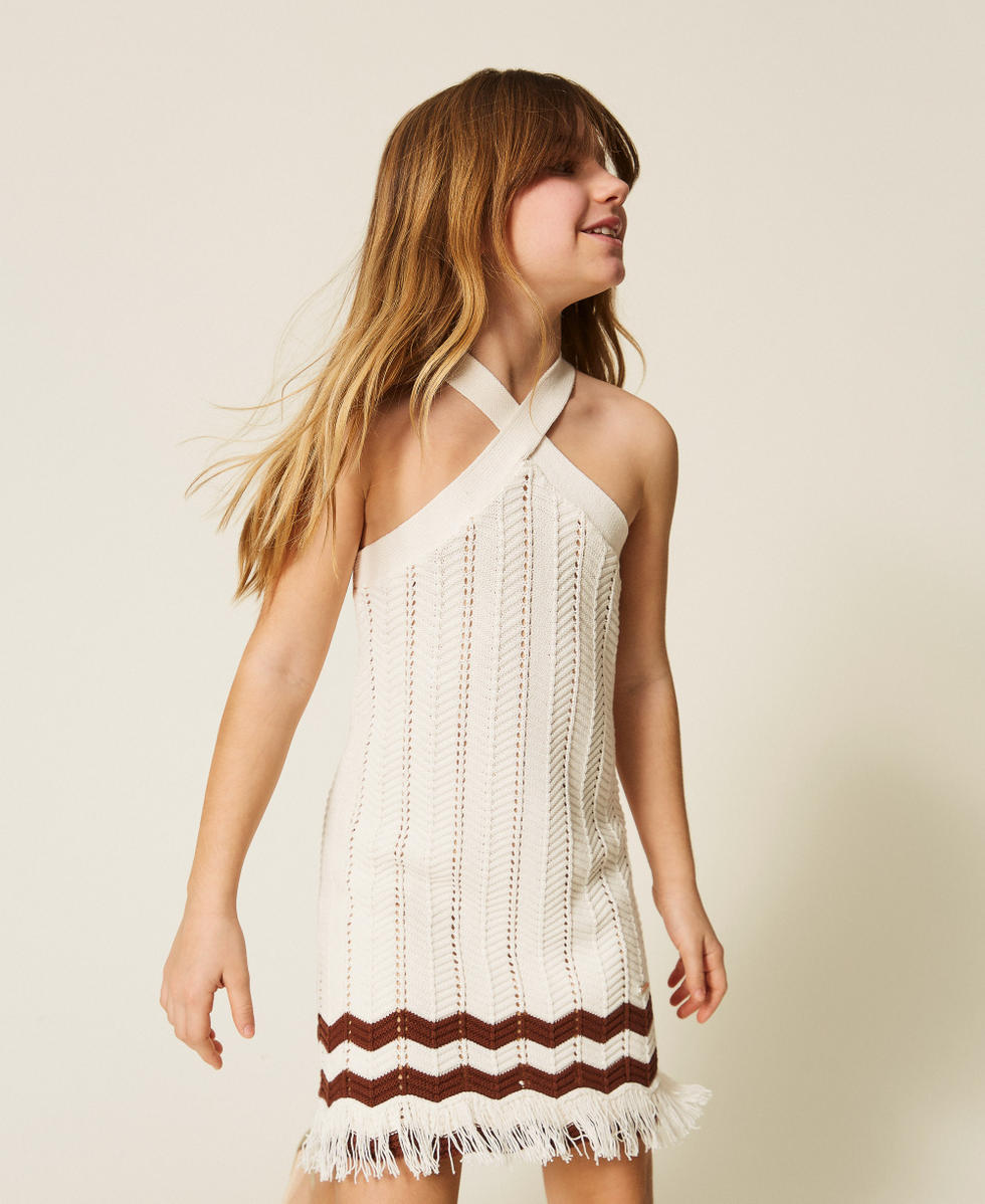 Short knit dress with zig-zag pattern Two-tone Milk/Dark Root Brown Girl 261GJ3023_13198_01