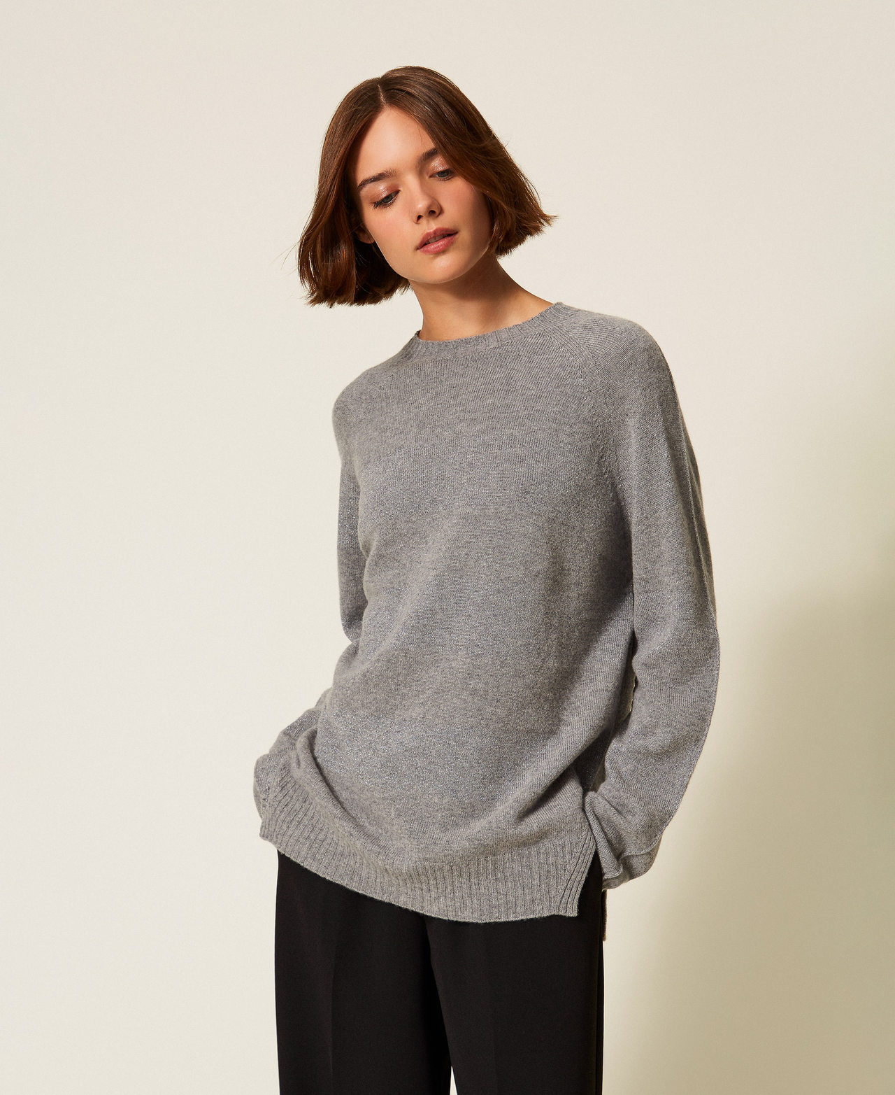 Pull en laine mélangée avec rayures et lurex Rayure Gris Moyen Chiné/Gris Moyen Lurex Femme 252TT3302_13021_01