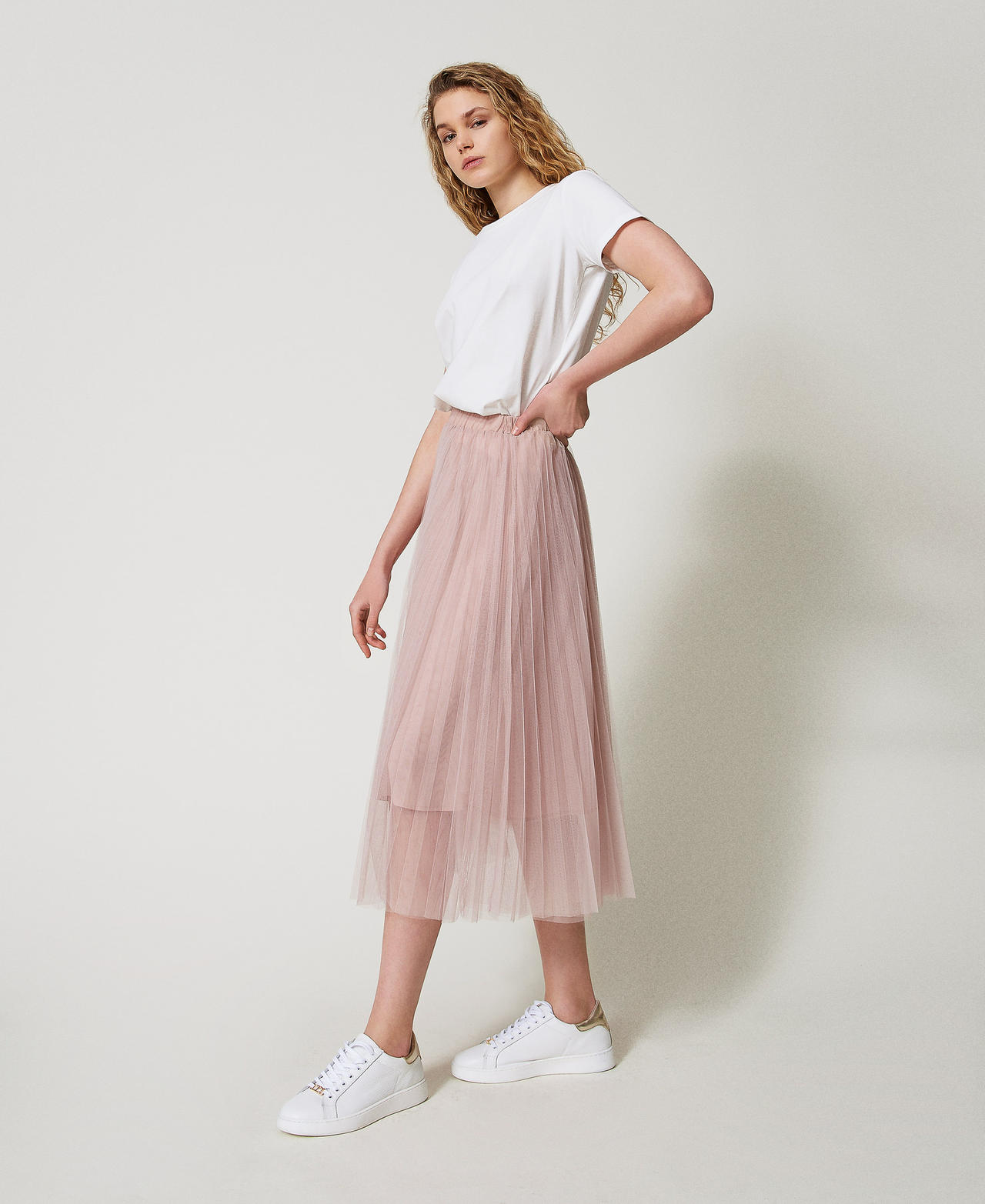 Jupe longue en tulle pliss&eacute; Rose Desert Femme 251LL2QAA_12109_02