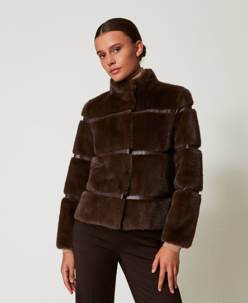 Short faux fur coat with inlays Coffee Chocolate Woman 242TT2022_11946_04