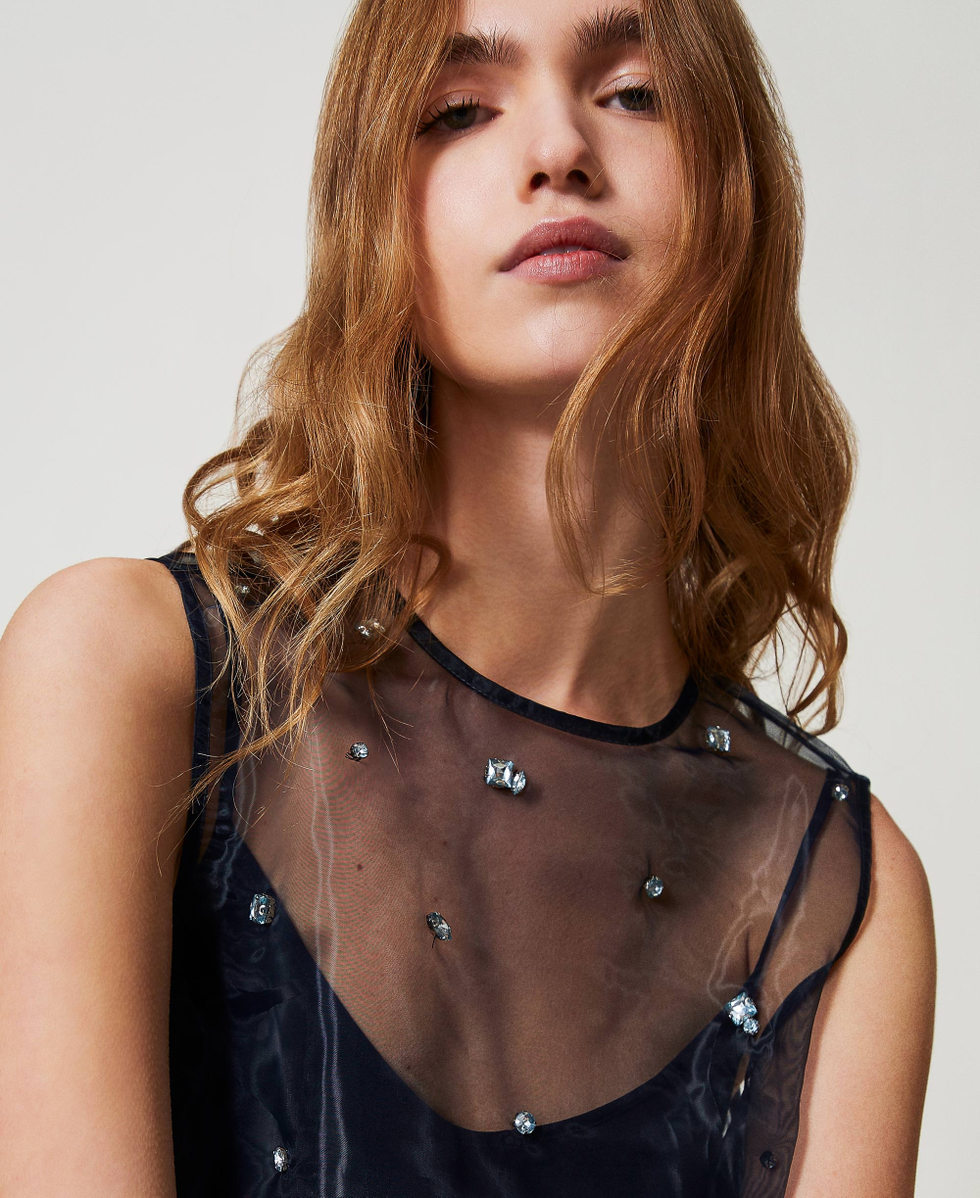 Organza top with hand embroidery Deep Blue Woman 251AP2512_03585_03