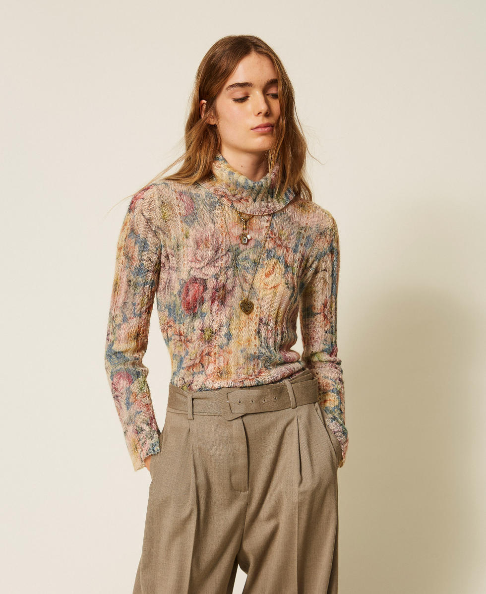 Turtleneck jumper with print Indigo Blue/Multicolour Flowers Woman 262TT3401_14099_01