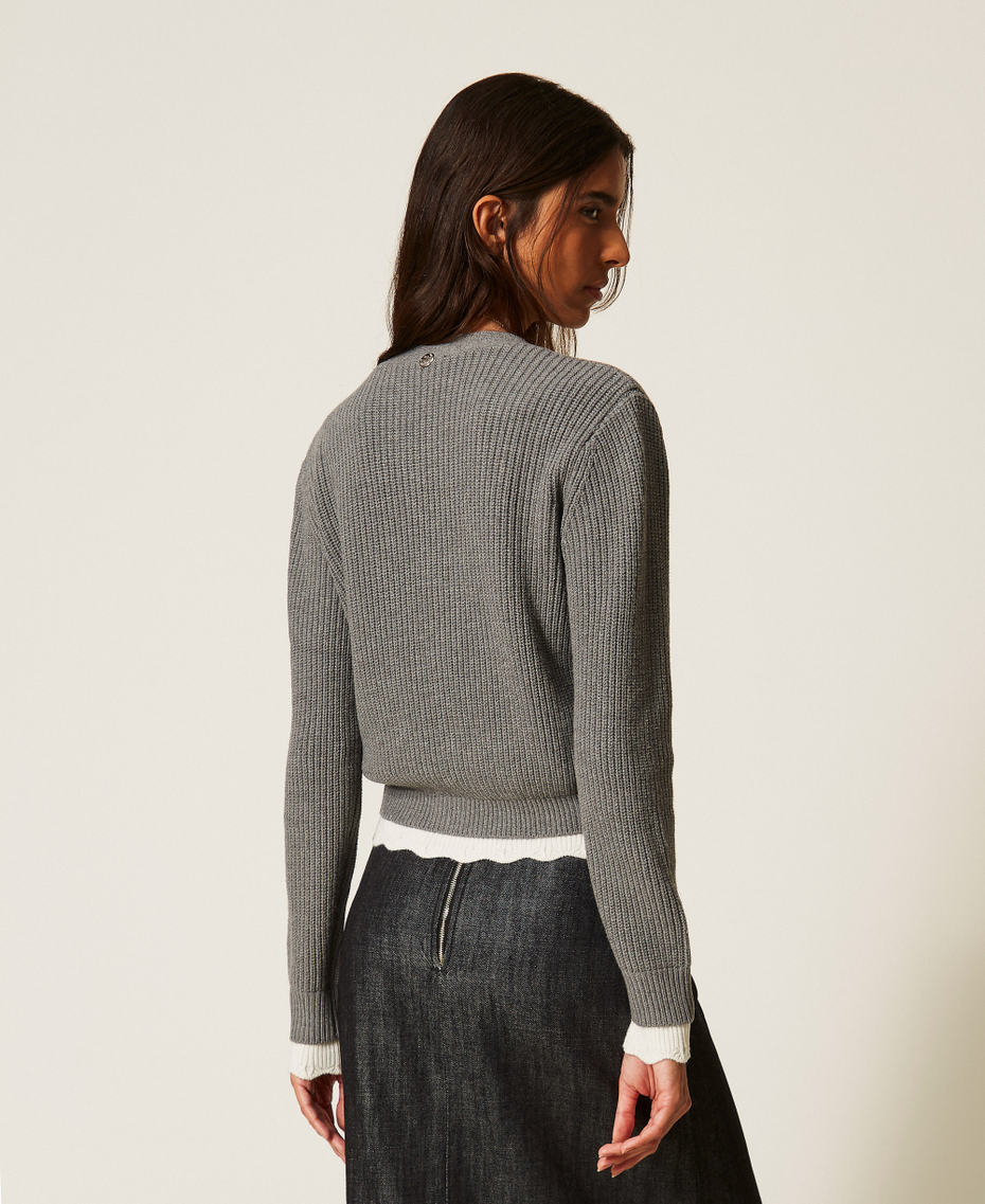 Cardigan with scalloped details Two-tone Mid Grey Melange/"Snow" White Woman 262AP3041_13753_03
