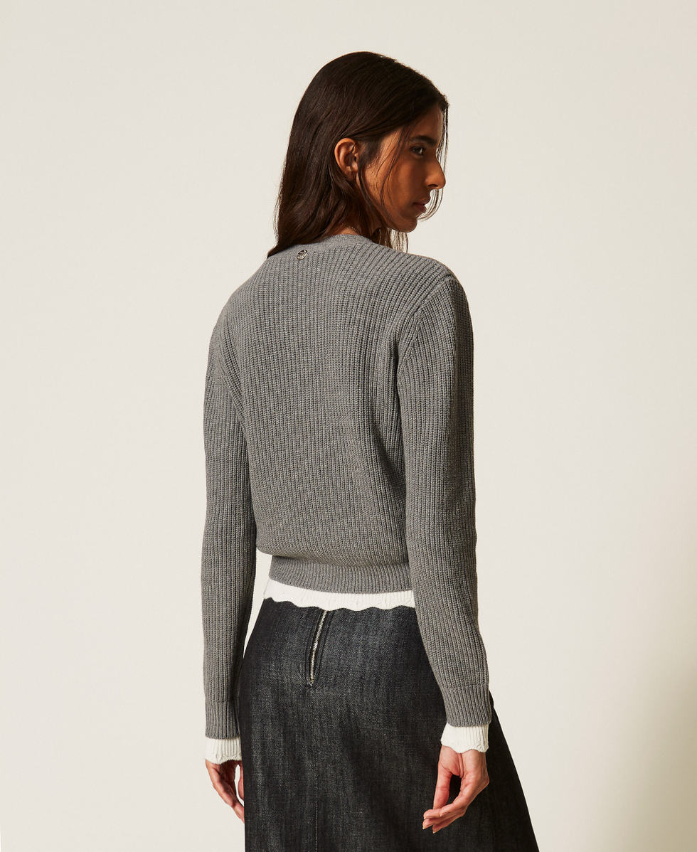 Cardigan with scalloped details Two-tone Mid Grey Melange/"Snow" White Woman 262AP3041_13753_03