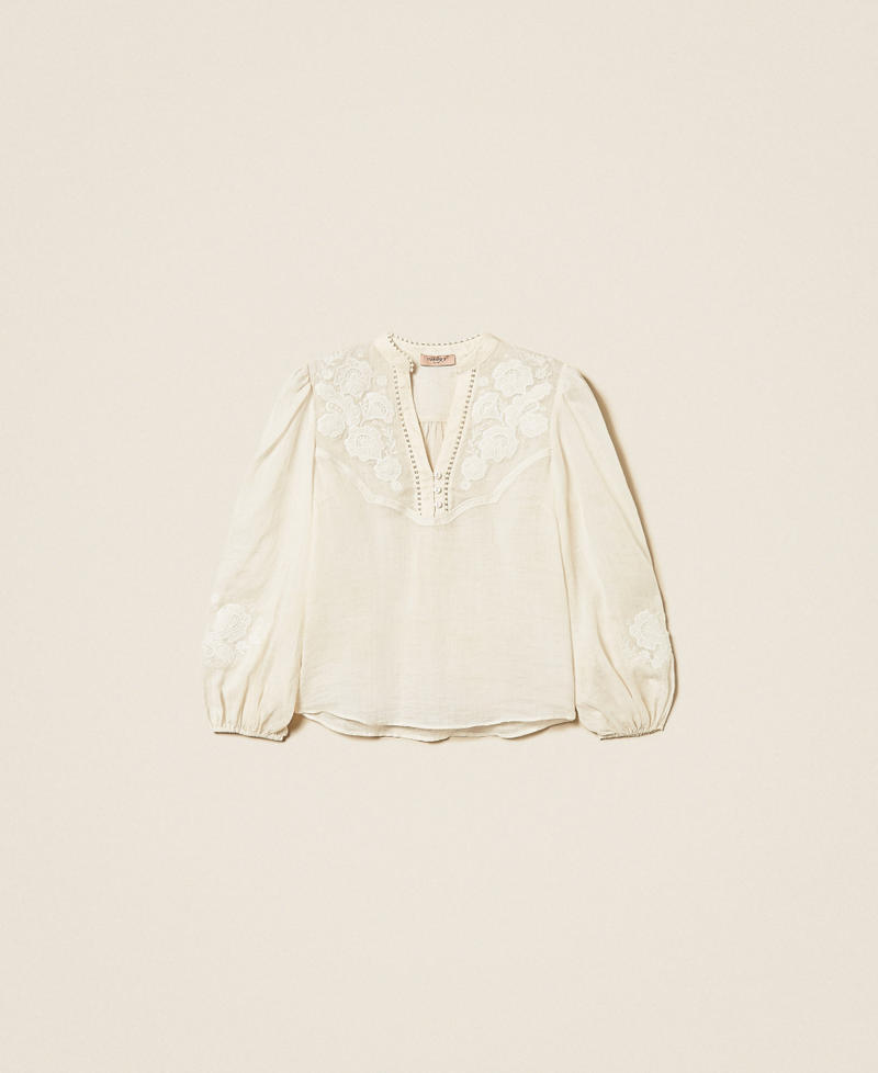 Ramie blouse with embroidery Mother Of Pearl Woman 261TT2291_00059_S0