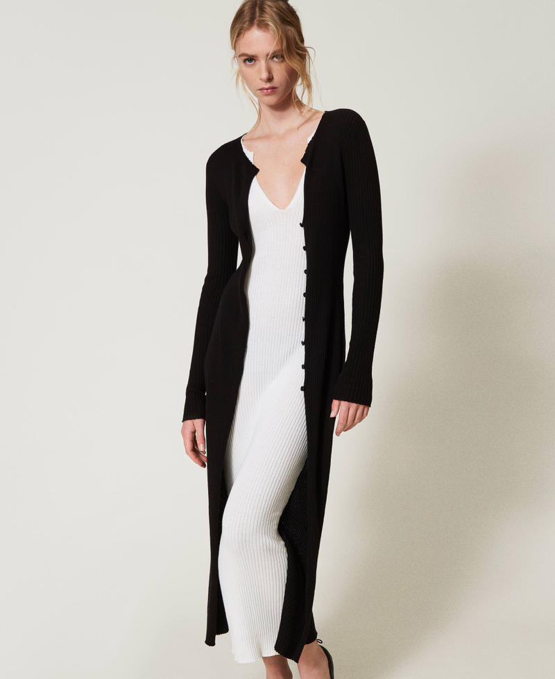 Long trompe-l'&oelig;il knit dress Two-tone Black/Snow Woman 251TE3010_12295_05