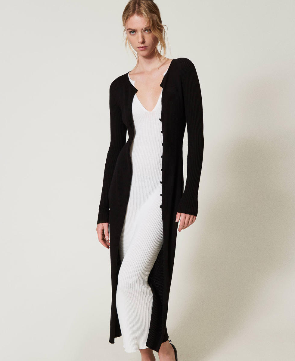 Robe longue en maille trompe-l&rsquo;&oelig;il Bicolore Noir/Neige Femme 251TE3010_12295_05