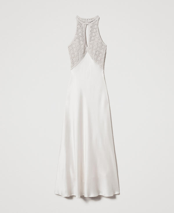 Long satin dress with crochet bodice