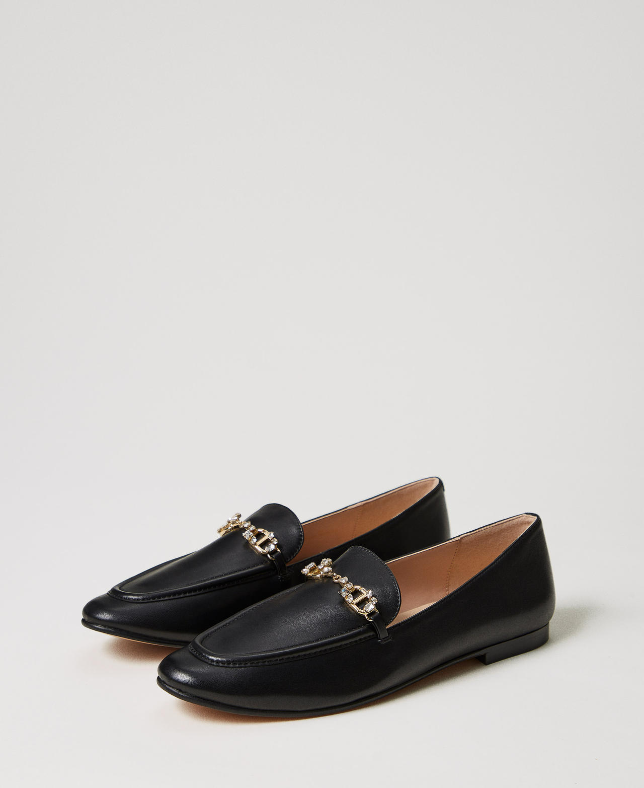 Leather loafers with rhinestone Oval T Black Woman 251TCP134_00006_02