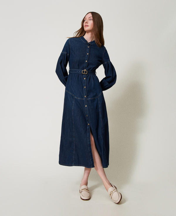 Long denim dress with belt