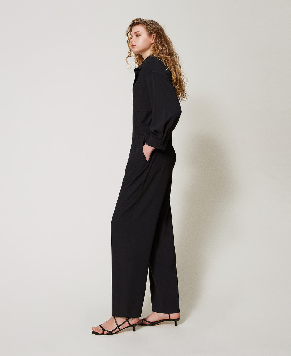 Crêpe de Chine jumpsuit with macramé Black Woman 251AP2242_00006_01