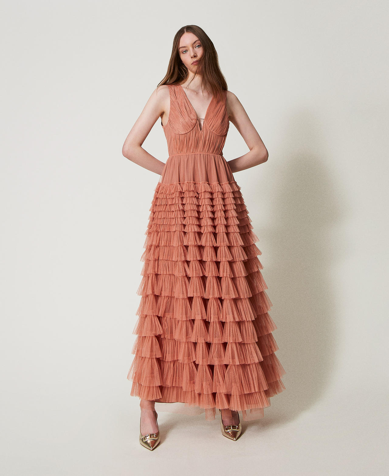 Robe longue en tulle plissé Dusty Coral Femme 251TQ2043_12364_01
