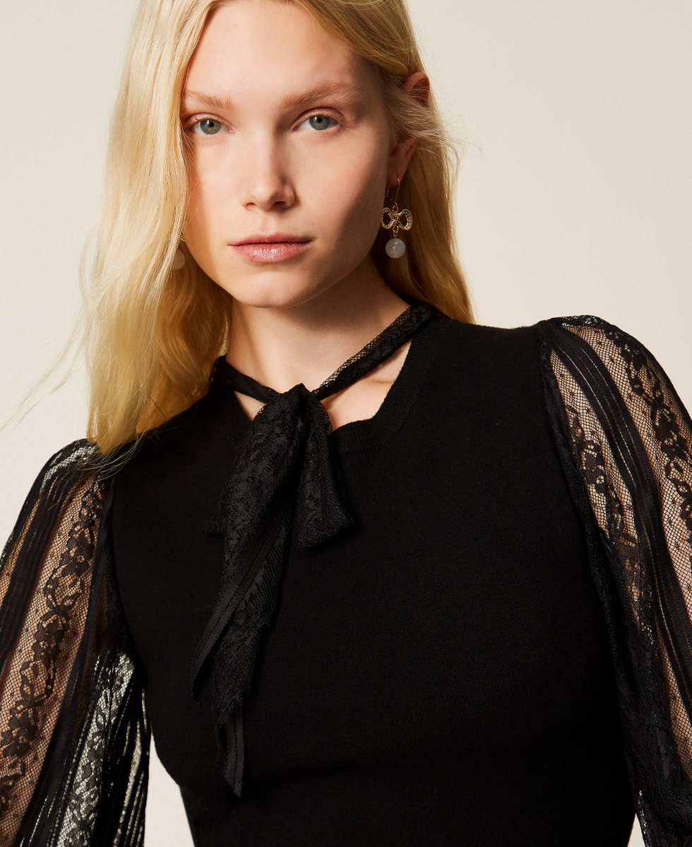 Robe courte en maille et dentelle Noir Femme 261TP3430_00006_04