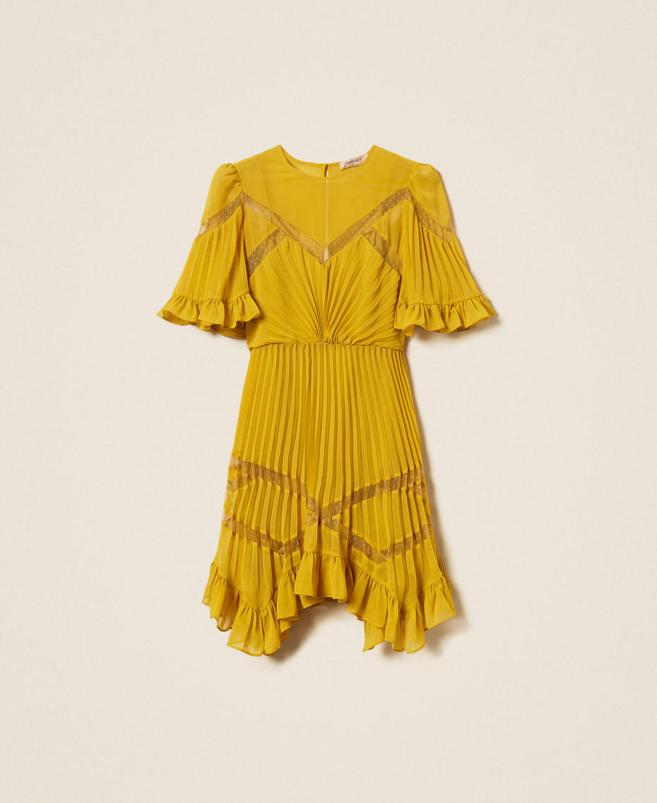 Short pleated chiffon dress with tulle Mustard Yellow Woman 262TP2691_12607_S0