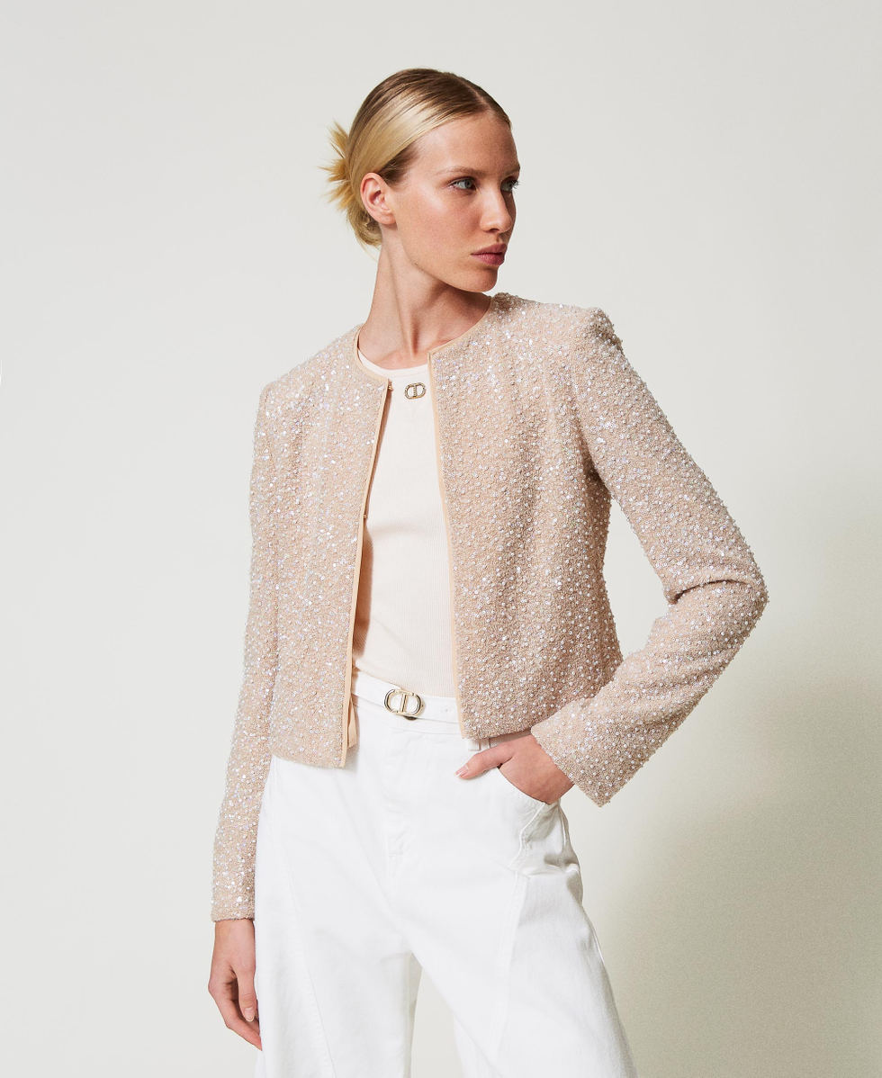 Jacke mit Pailletten und Perlen Paillettenstickerei Pearls Schneeweiß / Delicate Beige Frau 251TP2202_12254_01