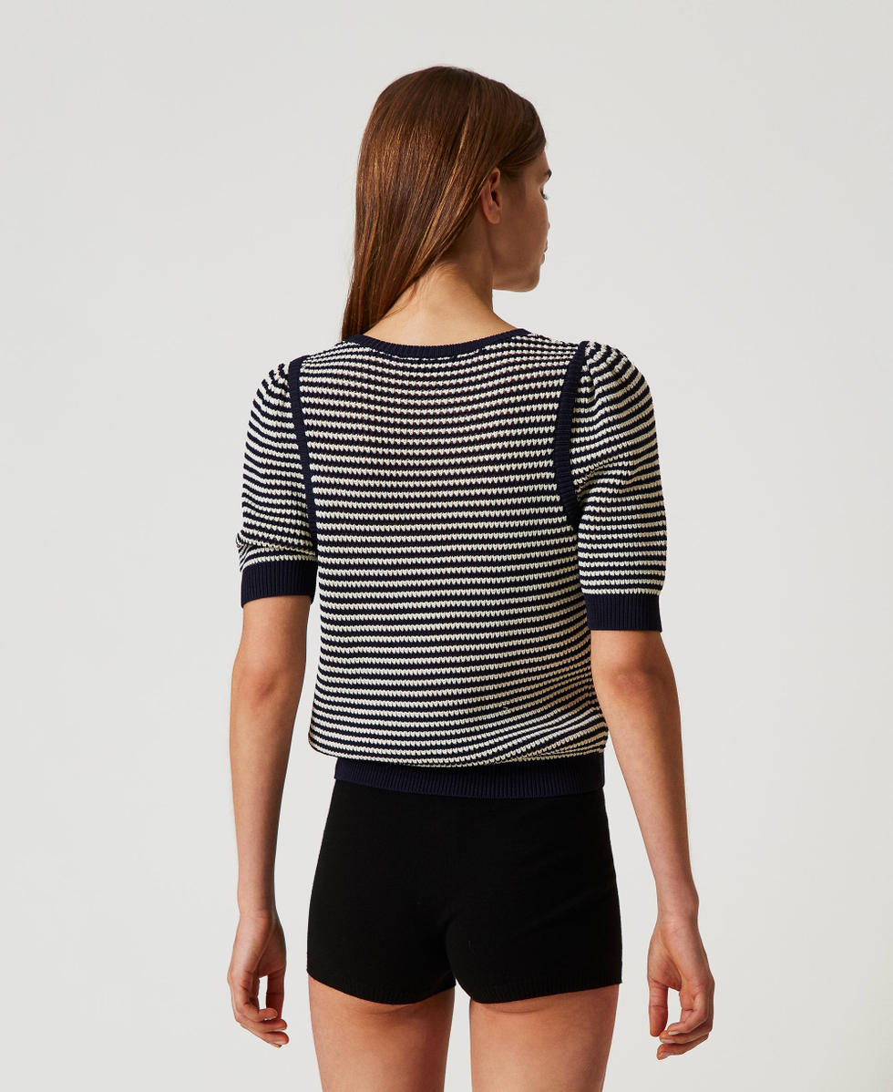 Gestreifter Pullover mit aufgesticktem Oval T Zweifarbig Schneewei&szlig; / Blue Night Frau 251TP3323_12261_03