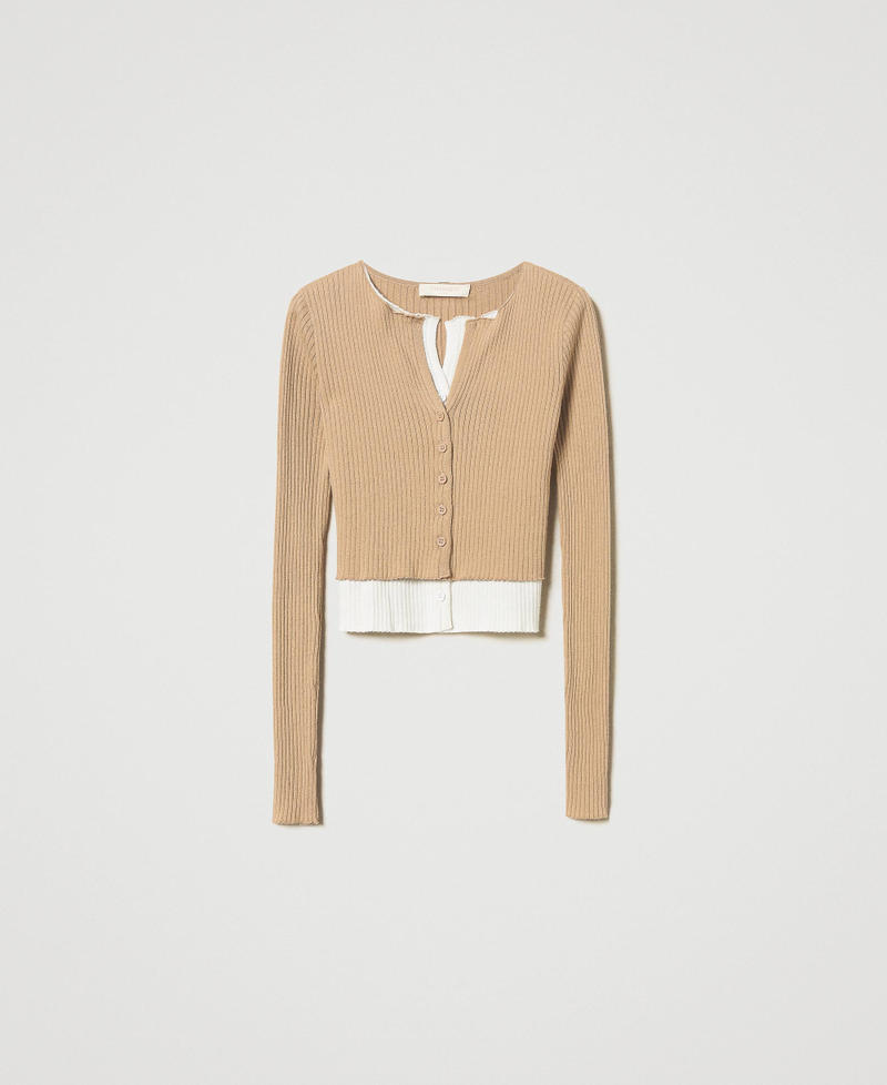Trompe-l'oeil fitted cardigan Two-tone Rope Beige/Snow Woman 251TE3012_12292_S0