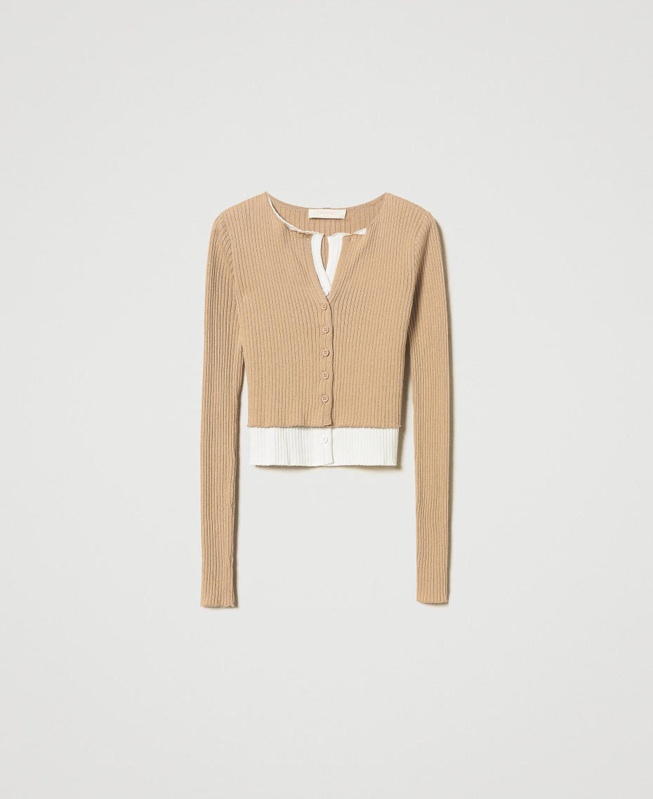 Trompe-l'oeil fitted cardigan Two-tone Rope Beige/Snow Woman 251TE3012_12292_S0