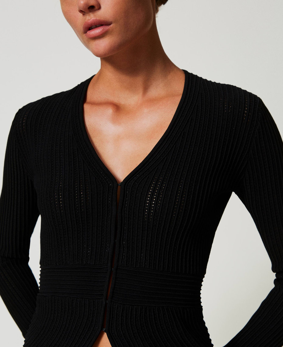Fitted knit jacket with mixed stitches Black Woman 242TT3123_00006_04