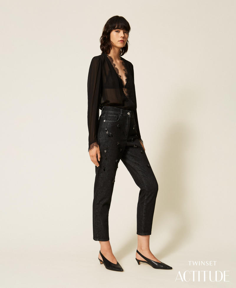 Handbestickte Skinny-Jeans Denimschwarz Frau 262AP2080_01103_PA