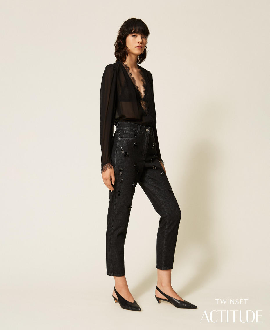 Handbestickte Skinny-Jeans Denimschwarz Frau 262AP2080_01103_PA