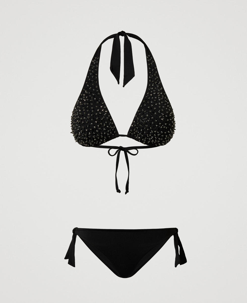 Bikini de tri&aacute;ngulo y tanga con bordado Negro Mujer 251LBMA33_00006_S0