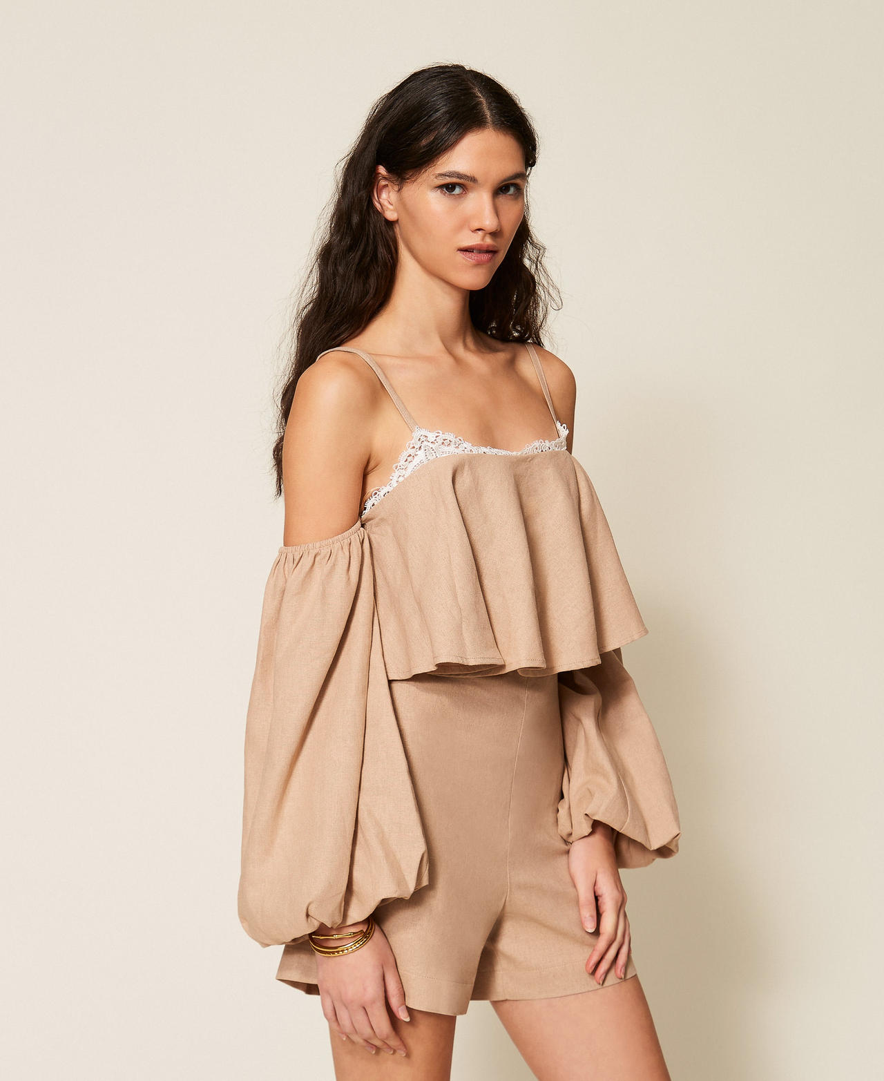 Linen blend short jumpsuit with lace Natural Beige Woman 261TF2100_12559_03