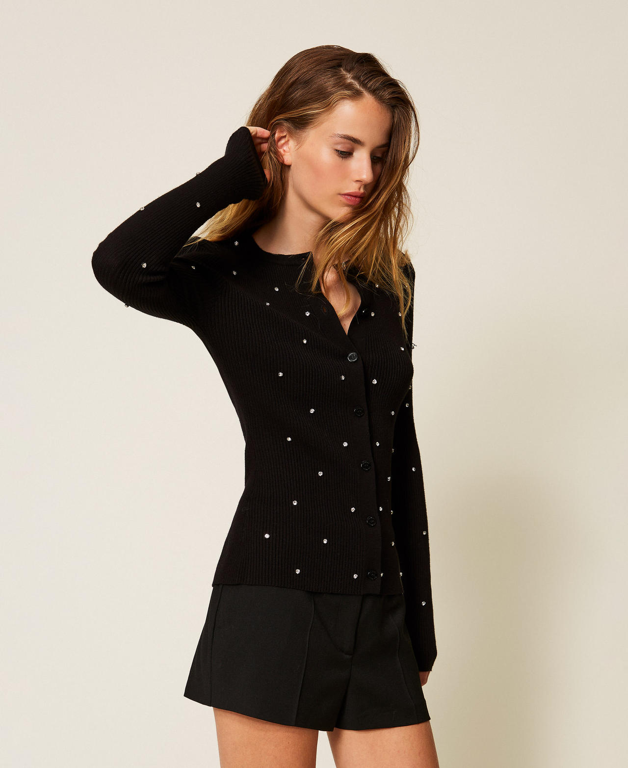 Crew neck cardigan with embroidery Black Woman 252LI3DAA_00006_02