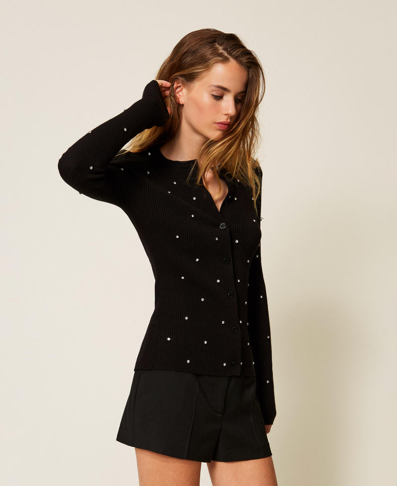 Crew neck cardigan with embroidery Black Woman 252LI3DAA_00006_02