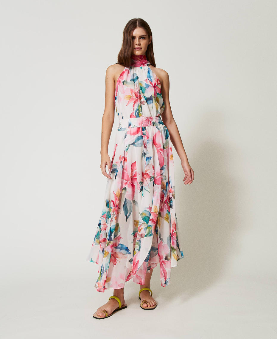 Long georgette skirt with floral print Mother of Pearl/Multicolour Floral Print Woman 251LB2ZFF_12194_01