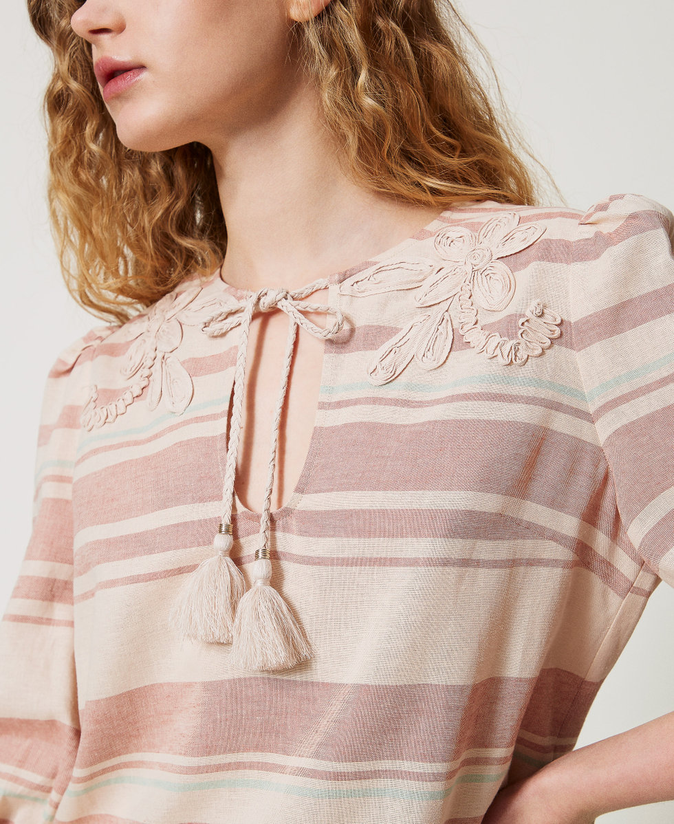 Linen-blend striped blouse with embroidery Almond Beige/Green Marine/Amber Brown Stripes Woman 251LM2RAA_12377_04