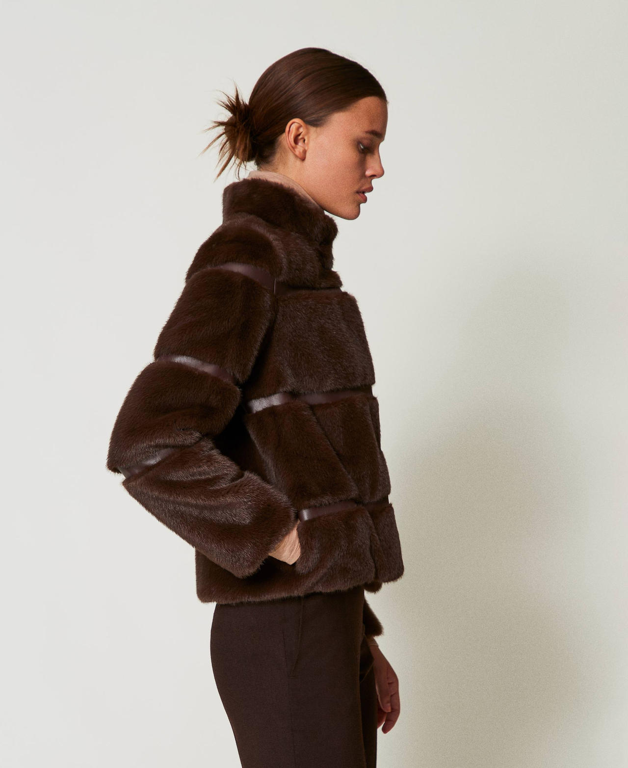 Short faux fur coat with inlays Coffee Chocolate Woman 242TT2022_11946_02