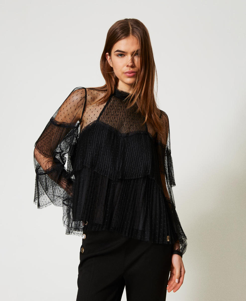 Blouse en tulle avec volants pliss&eacute;s Noir Femme 251TP2513_00006_01