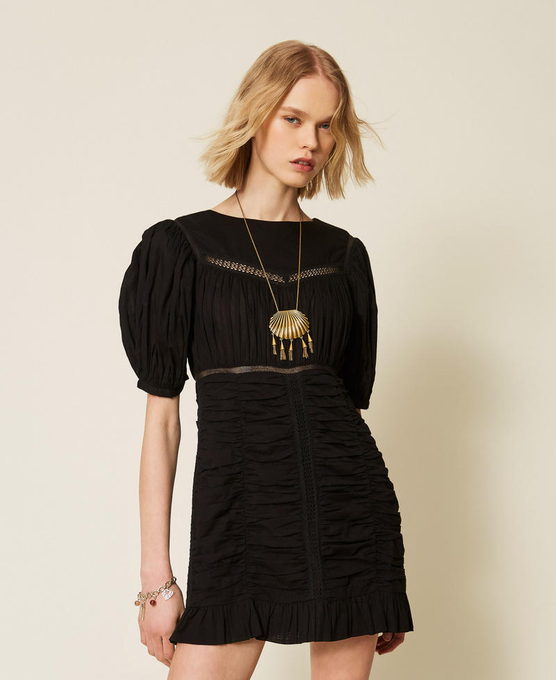 Short muslin dress with gathering Black Woman 261TT2330_00006_01