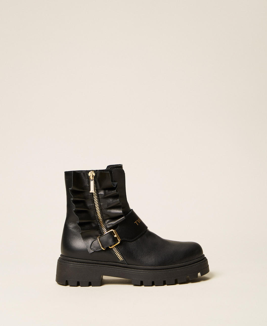 Bottines motardes en cuir avec fronces