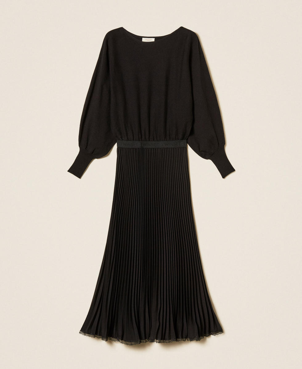 Robe longue en maille et cr&ecirc;pe pliss&eacute; Noir Femme 262TP3250_00006_S0